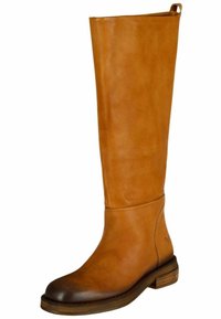 Botas altas de cuero marrón con un acabado suave, punta redondeada, suela de un marrón oscuro contrastante y un pequeño lazo en la parte superior para facilitar el uso.