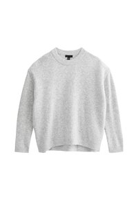 Světle šedý, dlouhý rukáv, vlněný svetr s kulat�ým výstřihem a žebrovanými manžetami a lemem, vystavený na bílém pozadí.