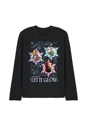 Black long-sleeve shirt with colorful illustrated female characters, snowflake designs, musical notes, and the text "Huntrx Let It Glow."