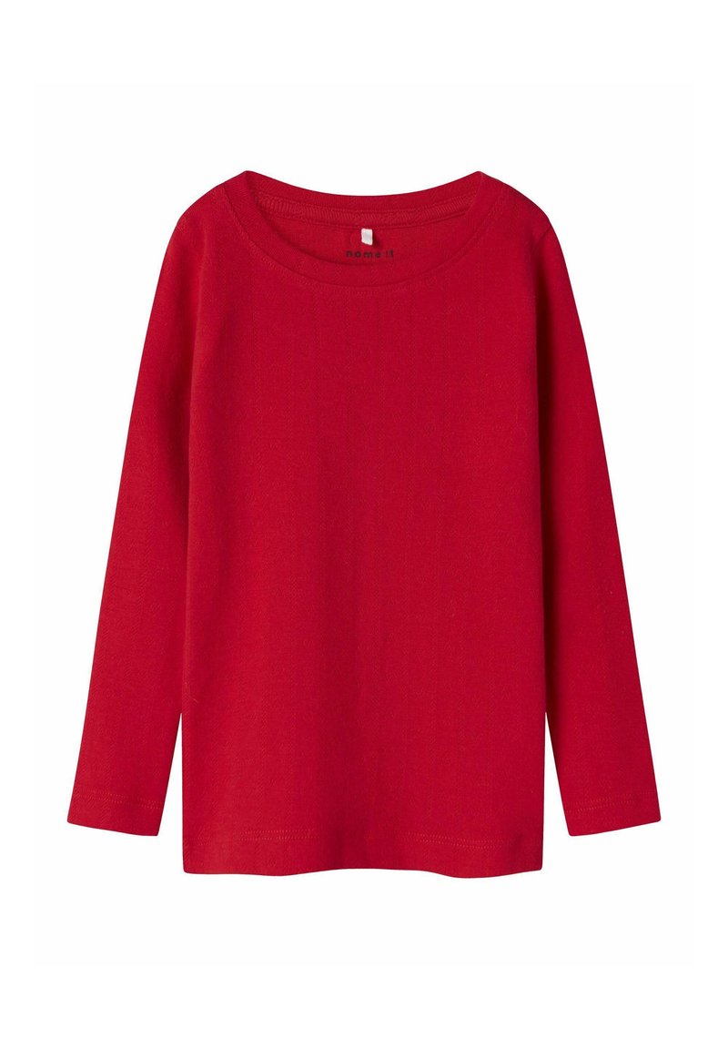 Rotes Langarmshirt aus weichem Stoff, mit Rundhalsausschnitt und geradem Schnitt. Keine sichtbaren Muster oder Hardware.