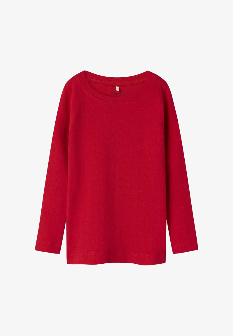 Red long-sleeve shirt made of soft fabric, featuring a scoop neckline and straight cut. No visible patterns or hardware.
