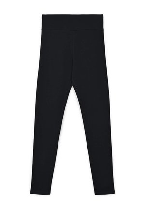 Leggings neri realizzati in tessuto elasticizzato con una ampia vita elastica. Il design è semplice e aderente, senza motivi o dettagli.