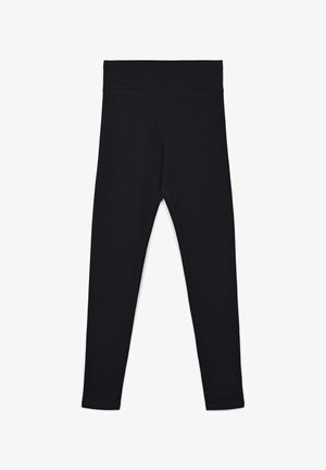 Leggings neri realizzati in tessuto elasticizzato con una ampia vita elastica. Il design è semplice e aderente, senza motivi o dettagli.
