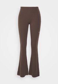 Brown flared leggings in a knit material with a smooth texture, featuring a small white logo accent on the left side.