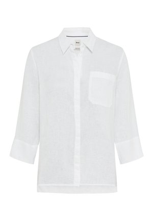 Weißes Langarmhemd mit Knopfleiste, Kragen und einer Brusttasche, leichter Stoff und aufgerollte Ärmelbündchen.