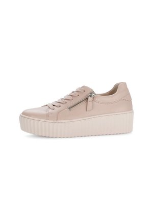 Light pink platform sneakers made of smooth leather, featuring round toe, stitched detailing, and a side zipper accent.