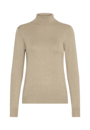 Beige lange mouwen turtleneck trui met geribbelde boorden, zoom en kraag, weergegeven op een witte achtergrond.