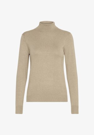 Beige lange mouwen turtleneck trui met geribbelde boorden, zoom en kraag, weergegeven op een witte achtergrond.