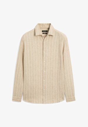 Beige linnen shirt met subtiele verticale witte strepen, een klassieke kraag, lange mouwen en een knoopsluiting aan de voorkant.