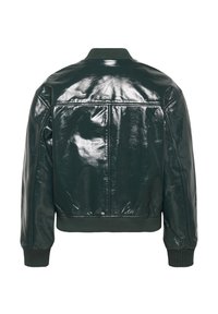 Giacca bomber di un verde scuro e lucido con colletto e polsini a costine, caratterizzata da una superficie liscia e una sola cucitura sul retro.
