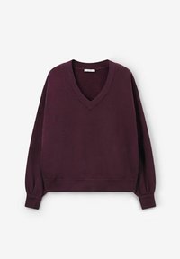 Sweatshirt violette à col en V, avec des manches longues ajustées et des poignets côtelés. Fabriqué en tissu doux avec une texture lisse et un design minimal.
