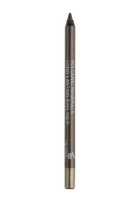Eyeliner in matita di colore marrone metallico, durevole, con punta affilata e estremità dorata. Il testo sulla matita include "Minerali Vulcanici."