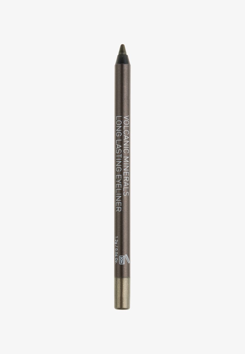 Lápiz de eyeliner metálico marrón de larga duración con punta afilada y extremo dorado. El texto en el lápiz incluye "Minerales Volcánicos."