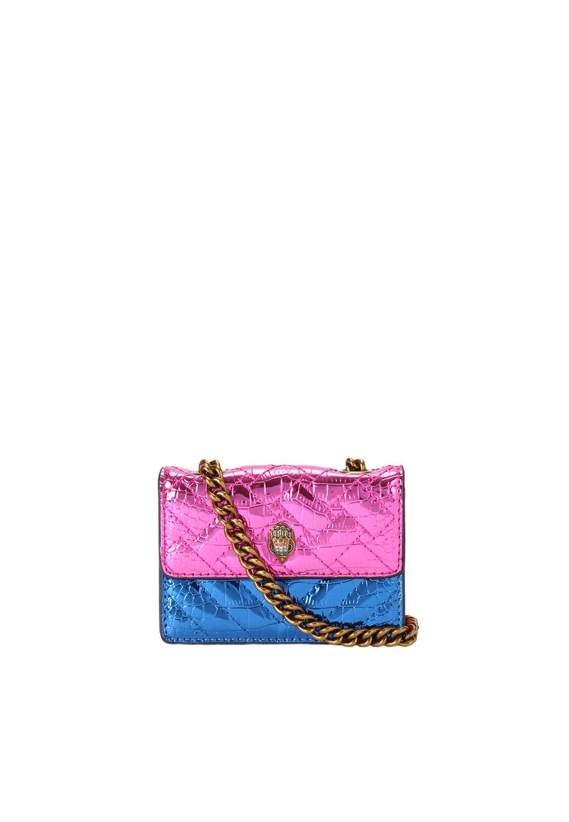 Crinkled metallic handbag with a pink upper section and blue lower section. Features a gold chain strap and ornate clasp detail.
