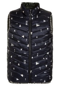 Navy puffer vest with a stand-up collar, featuring a geometric white triangle pattern, front zip closure, and a branded waistband.