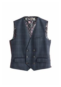 Gilet à carreaux marine avec fermeture à six boutons, deux poches avant et doublure à motif floral. Le matériau est un tissu texturé avec une coupe structurée.