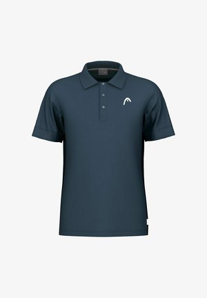 Marineblauw poloshirt van gladde stof, met een knoopsluiting met drie knopen, korte mouwen en een klein wit logo op de borst.