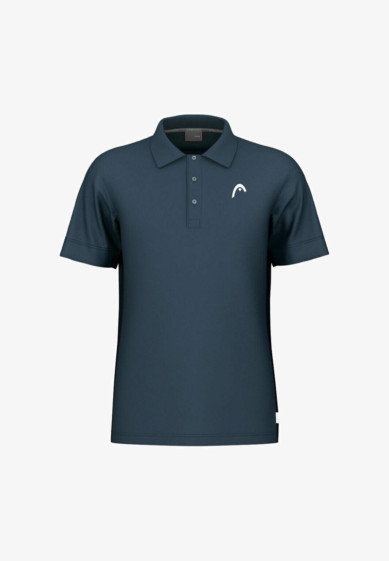Marineblaues Poloshirt aus glattem Stoff, mit einer drei-Knopf-Leiste, kurzen Ärmeln und einem kleinen weißen Logo auf der Brust.