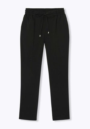 Pantalons noirs avec une taille à cordon, présentant une texture lisse et un design à jambe droite, fabriqués en matériau léger.