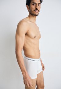 Boxer-briefs en coton blanc avec une ceinture Calvin Klein noire et grise, présentés sur un modèle masculin devant un fond neutre.