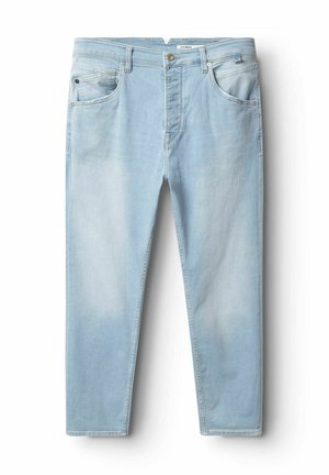 Hellblaue Jeans aus Denim mit geradem Bein, ausgestattet mit Fronttaschen, einem Reißverschluss und Messingknopf-Verschluss. Überall leicht ausgebleicht.