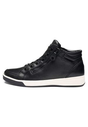 Black leather high-top sneaker with side zipper, black laces, padded collar, and white rubber sole.