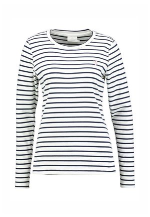 Langærmet skjorte med marineblå og hvide vandrette striber, rund halsudskæring, blødt bomuldsstof og et lille pink hjerte-logo på brystet.