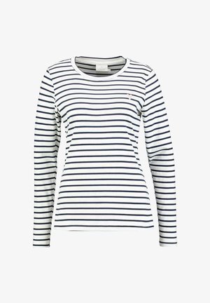 Langærmet skjorte med marineblå og hvide vandrette striber, rund halsudskæring, blødt bomuldsstof og et lille pink hjerte-logo på brystet.