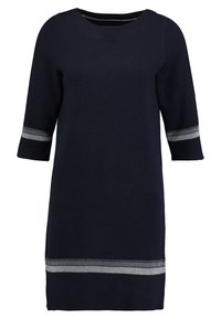 Abito maglione blu navy con maniche a tre quarti, caratterizzato da dettagli a strisce argentate ai polsini e all'orlo, che offre un look casual ma elegante.