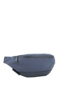 Navyblaue Bauchtasche aus strapazierfähigem Stoff mit einer eleganten, rechteckigen Form. Sie verfügt über einen Reißverschluss und ein kleines Logo, das seitlich geprägt ist.