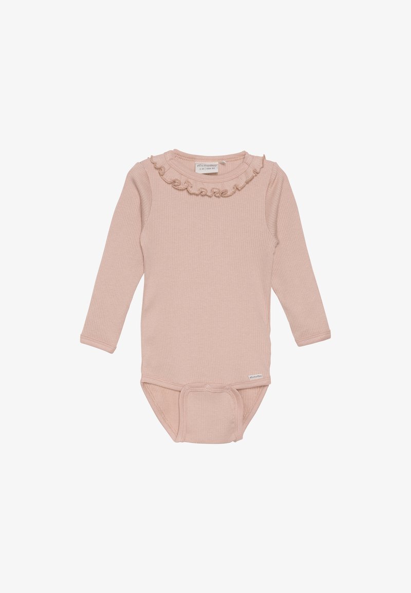 Langzaam, roze ribben badpak met een geraffineerde halslijn en drukknopen aan de onderkant, gemaakt van zachte stof.