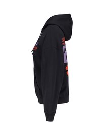 Black cotton hoodie featuring a front pocket, drawstring hood, and colorful graphics on the left side, including purple and red accents.