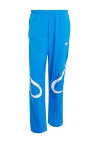 Blå idrottsbyxor gjorda av lättviktig väv, med vita stiliserade accenter och en logotyp på vänster höft. Elastisk midja för komfort.