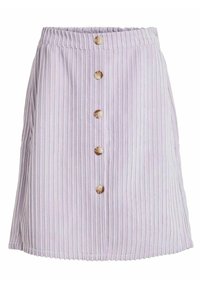Lila corduroy rok met een smock taille en vijf houten knopen aan de voorkant; met textuur verticale strepen overal.