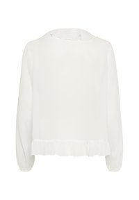 Hvid bluse med en volangkant og krave, lange ærmer med elastiske manchetter, lavet af et let og glat stof.