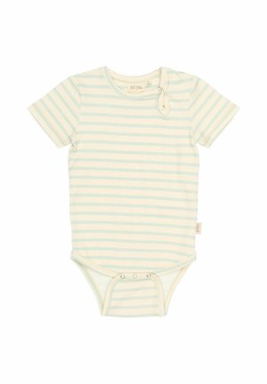 Korte mouwen babyromper in lichtcrème met dunne blauwe strepen, voorzien van drukknoopsluitingen aan de onderkant en een label aan de zijkant.