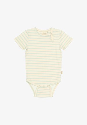 Korte mouwen babyromper in lichtcrème met dunne blauwe strepen, voorzien van drukknoopsluitingen aan de onderkant en een label aan de zijkant.