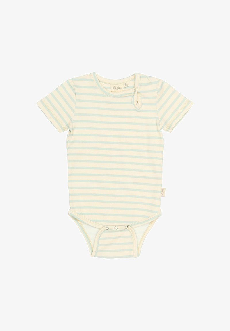Bodysuit pour bébé à manches courtes en crème clair avec de fines rayures bleues, comportant des fermetures pression à la base et une étiquette sur le côté.