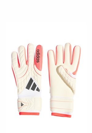 Par de guantes de portero Adidas blancos y rosas con logo negro y cintas en las muñecas, mostrando vistas frontal y trasera.