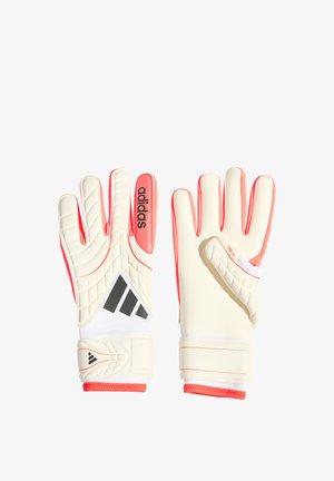Para białych i różowych rękawic bramkarskich Adidas z czarnym logo i paskami na nadgarstki, widok przód i tył.
