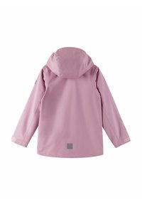 Giacca impermeabile di colore rosa chiaro con cappuccio, maniche lunghe e dettagli riflettenti. Tessuto liscio con una toppa del logo sulla schiena.