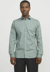 Camicia button-up a pattern verde chiaro con colletto classico e maniche lunghe, dotata di bottoni bianchi e polsini a contrasto.