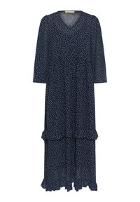 Marineblaues, gepunktetes Midikleid mit V-Ausschnitt, dreiviertellangen Ärmeln und gestuftem Volant-Saum. Hergestellt aus leichtem, durchsichtigem Material.