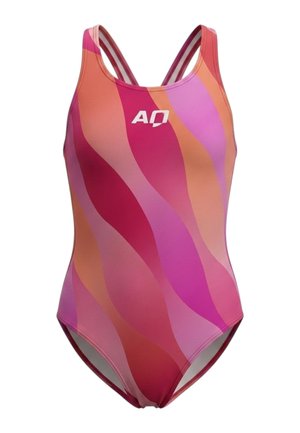 Costume intero con motivo ondulato rosa, viola e arancione e logo bianco "AQ" sul petto, con spalline doppie.