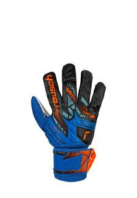 Guante de portero en negro y azul con acentos naranjas. Cuenta con agarre texturizado, dedos acolchados y una correa ajustable en la muñeca. Patrones llamativos en la palma.
