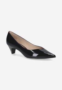 Black patent leather high-heel pump with a pointed toe and a low, block heel. Smooth exterior and a neutral-colored insole.
