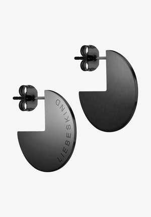 Zwarte metalen stud oorbellen met een halfrond ontwerp, voorzien van een geborstelde textuur en het gegraveerde "LIEBESKIND" logo op één van de onderdelen.