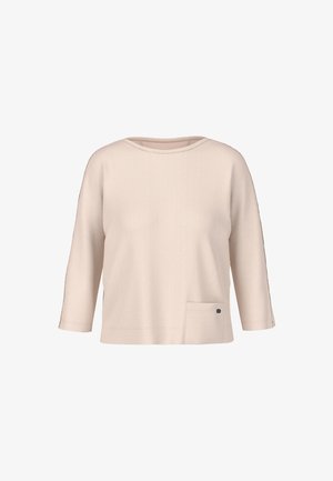 Hellbeiger Pullover mit dreiviertellangen Ärmeln, rundem Ausschnitt und einer Fronttasche mit kleinem Logodetail. Weicher, strukturierter Stoff.