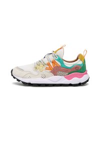 Sneaker multicolore caratterizzato da una combinazione di tessuto e suede, con tonalità di bianco, verde, rosa e arancione. Lacci rotondi, suola testurizzata.
