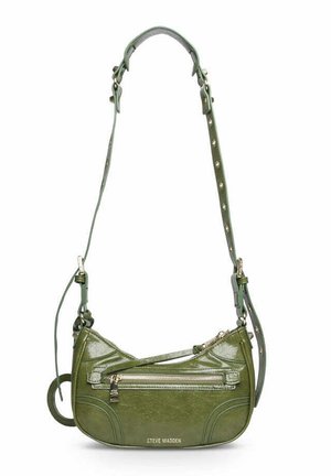 Green faux leather shoulder bag with adjustable strap, zippered front pocket, and subtle stitched accents. Features a rounded shape and shiny finish.